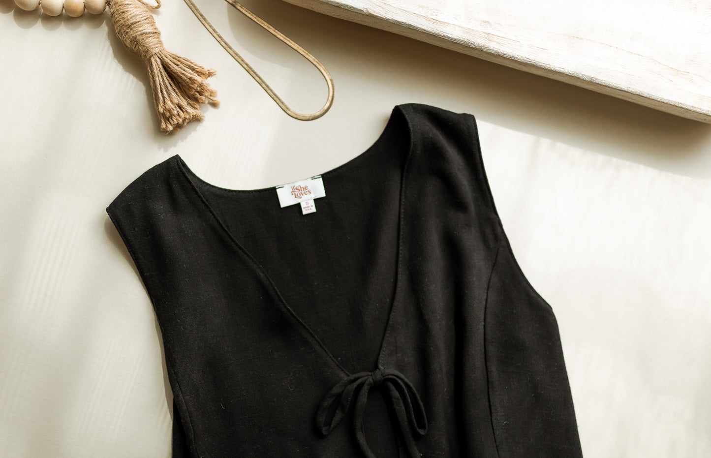 Women's Linen Tie Vest - Black