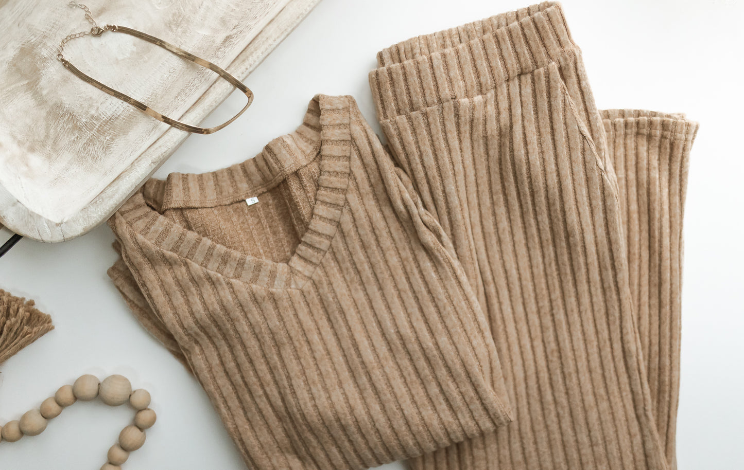 Women's Ribbed Lounge Set - Apricot