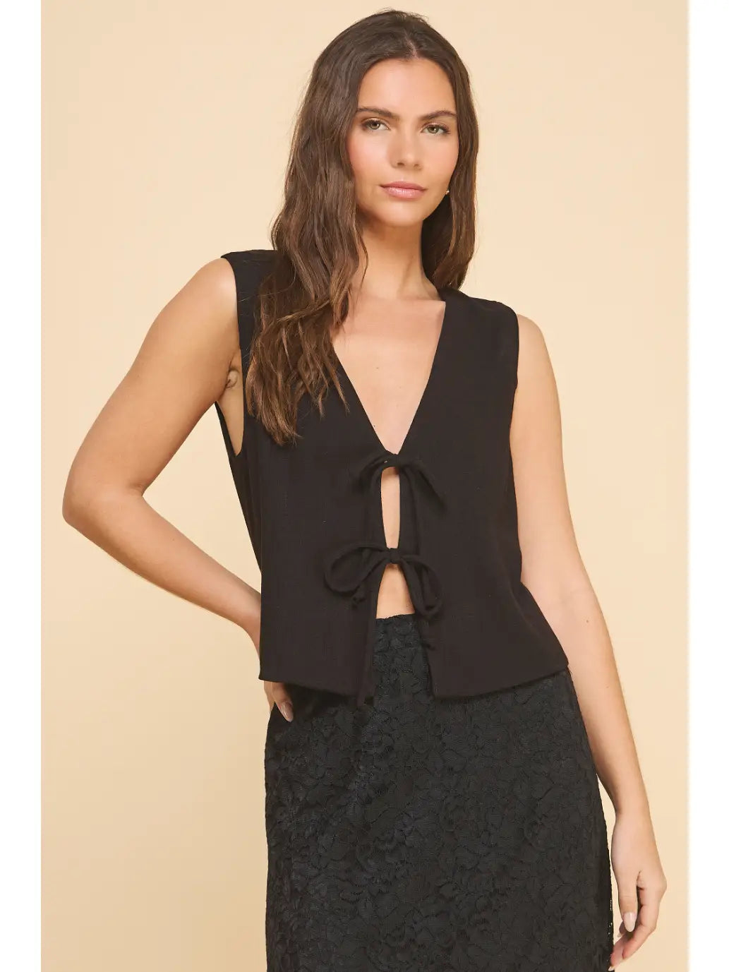 Women's Linen Tie Vest - Black