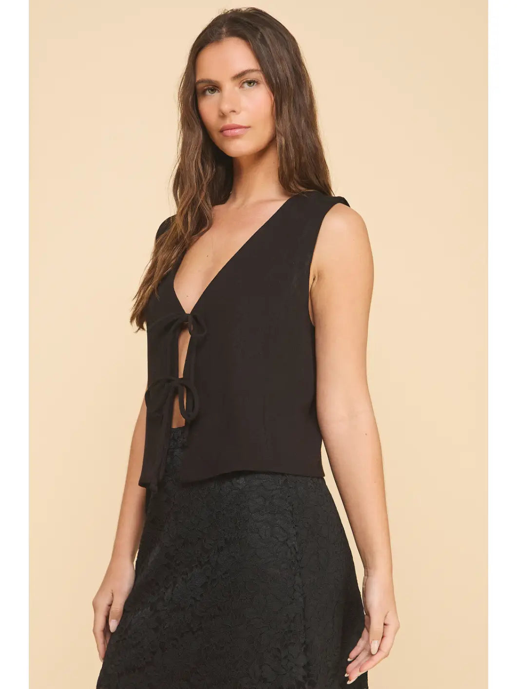 Women's Linen Tie Vest - Black
