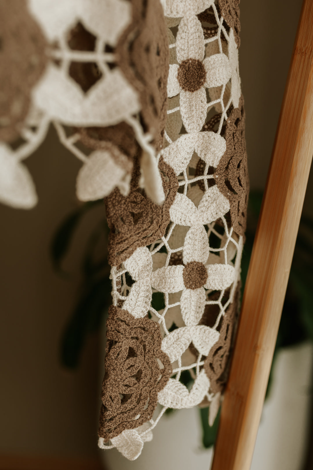 Women's Crochet Long Sleeve Top - Cream/Brown