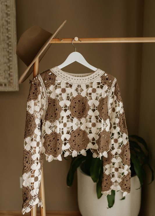 Women's Crochet Long Sleeve Top - Cream/Brown