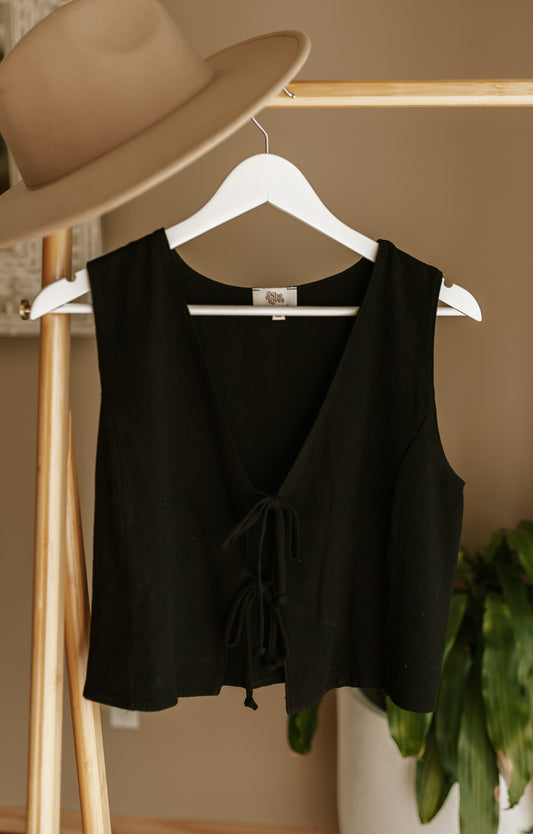 Women's Linen Tie Vest - Black
