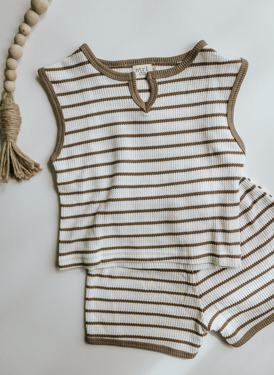 Girl's Waffle Striped Sleeveless Top with Shorts - Beige/Brown