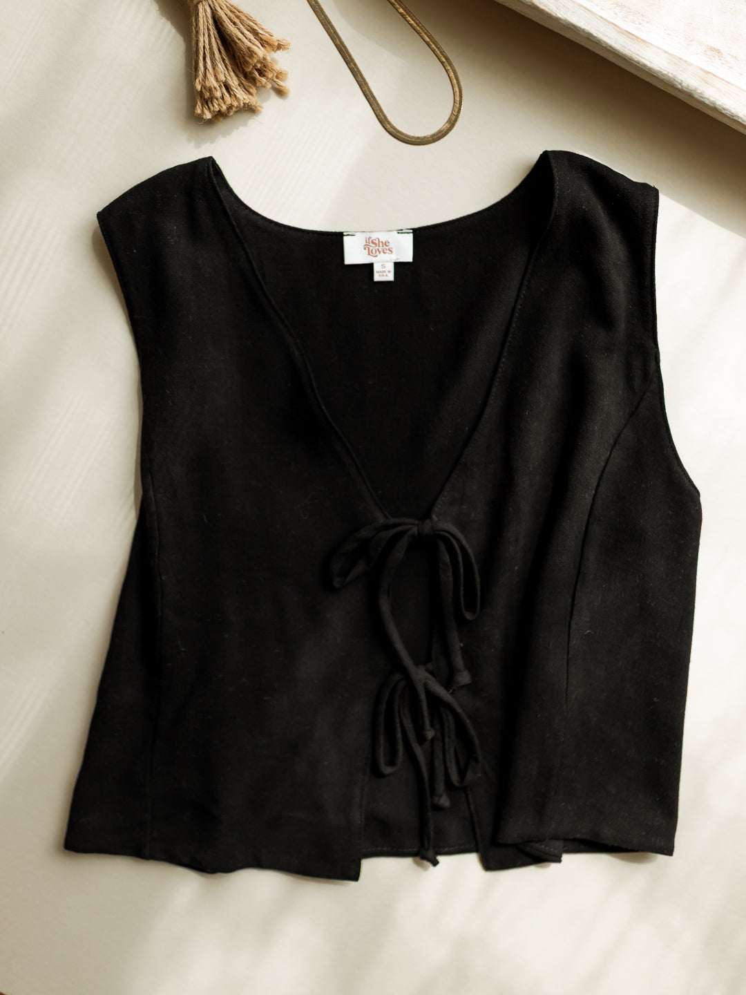 Women's Linen Tie Vest - Black