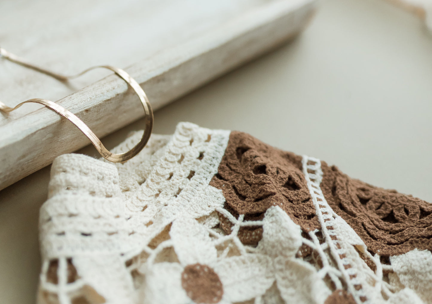 Women's Crochet Long Sleeve Top - Cream/Brown