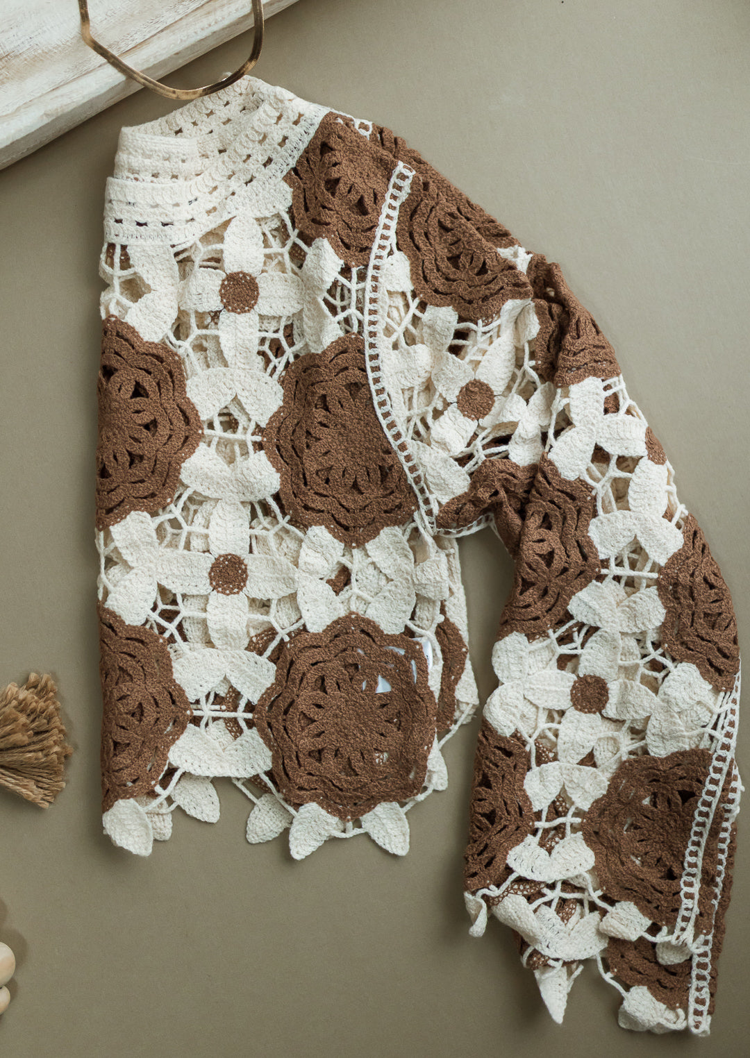 Women's Crochet Long Sleeve Top - Cream/Brown