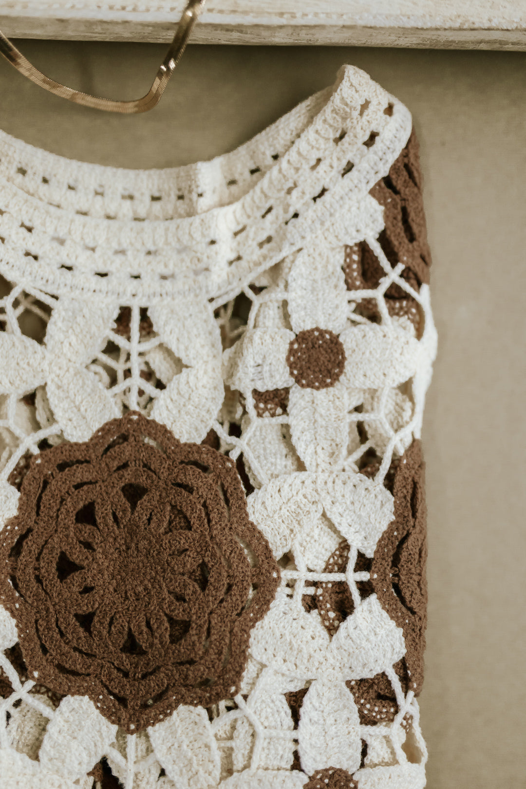 Women's Crochet Long Sleeve Top - Cream/Brown