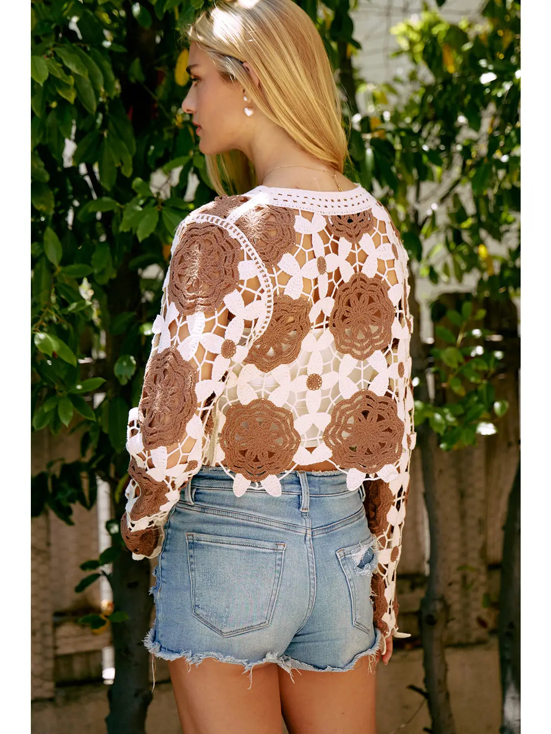 Women's Crochet Long Sleeve Top - Cream/Brown